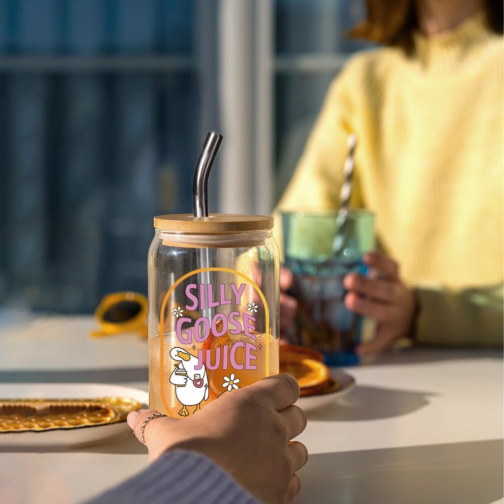 Silly Goose Juice 16oz Glass Cup with Lid and Straw, Funny Silly Goose Gift for Women, Iced Coffee Glass Tumbler for Coffee Lovers, Birthday Gift for Friends, Mom, Sister, Coworker