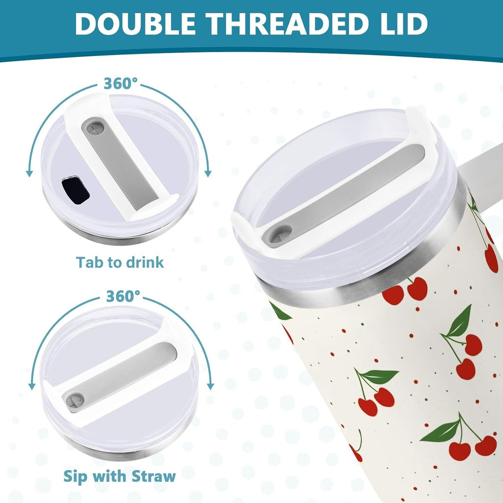 Cherry Print Pattern Stainless Steel Tumbler with Handle and Straw, Water Bottle Reusable Insulated Travel Mug, 30 Ounces