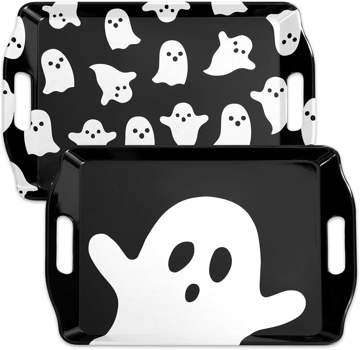 JarThenaAMCS 4 Pcs Halloween Ghost Serving Tray Black White Cute Ghost Handled Melamine Board Trick or Treat Serving Platter for Home Party Food Supplies