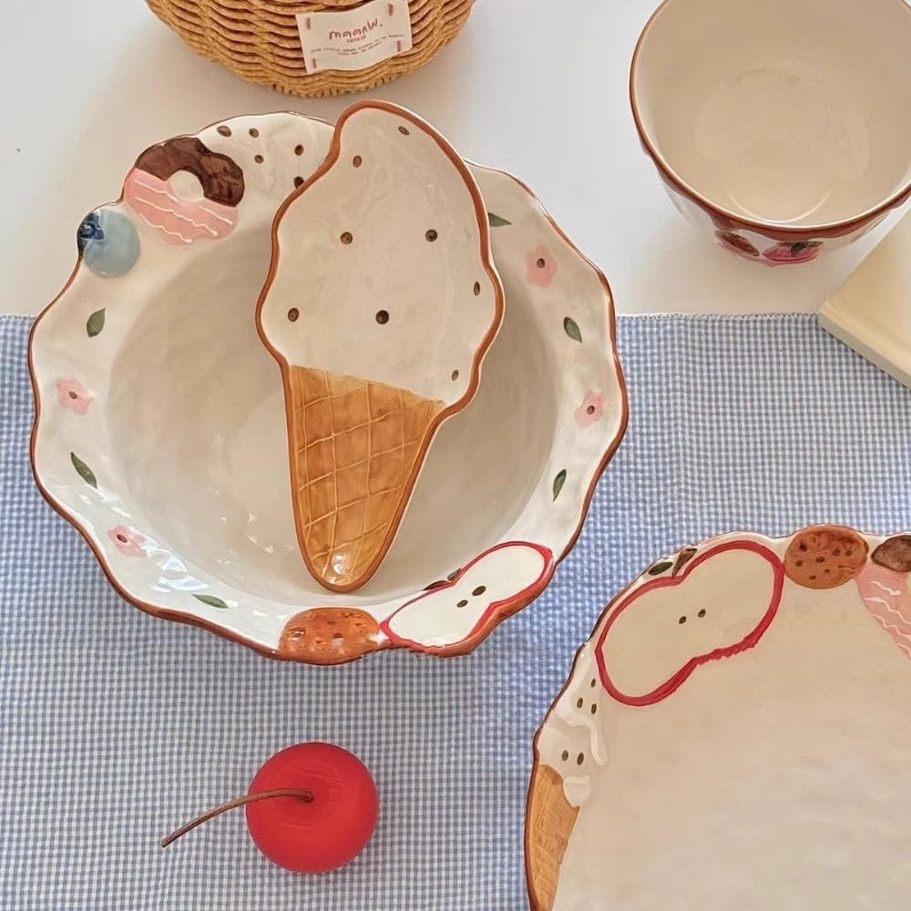 Cartoon Relief Underglaze Color Ceramic Tableware Set Seasoning Dish Rice Bowl Noodle Salad Pasta Soup Deep Plate (9-Inch Salad Bowl)