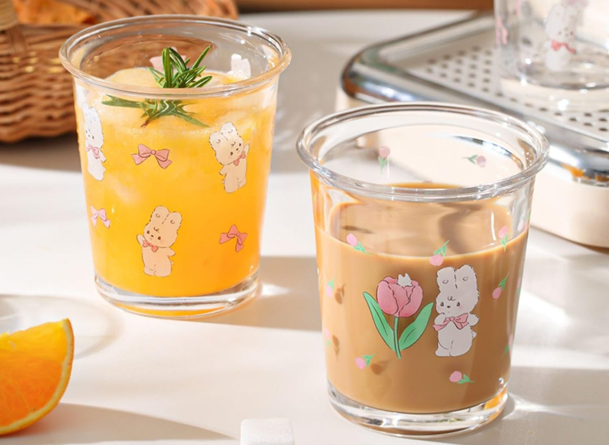 2 Pack 12 OZ Cute Floral Glass Cup Rabbit Drinking Glasses