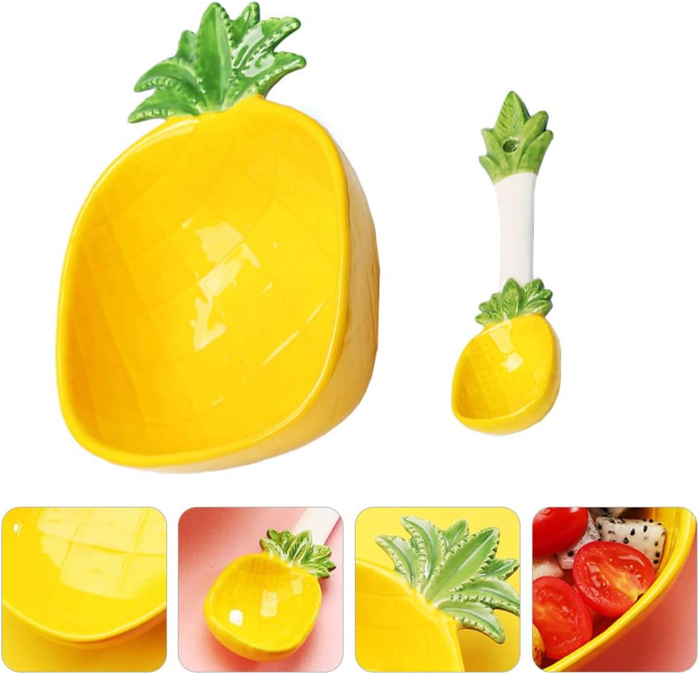 Cabilock Pineapple Design Salad Bowl with Spoon Ceramic Kids Rice Bowl Food Serving for Dining Room Kindergarten Picnic 6.69 X 4.33 X 2.36 in