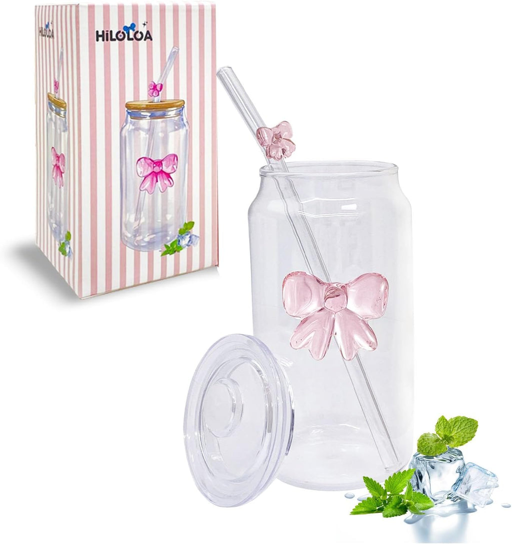 Cute Glass Cup Set | Pink Bow Matcha Cups| Aesthetic Iced Coffee Cup with Lid Straw Brush| 16OZ Preppy Girly Drinking Mug for Best Friend First Mom Coworkers Bestie Boss Girlfriend Daughter Gifts