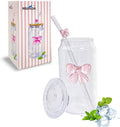Cute Glass Cup Set | Pink Bow Matcha Cups| Aesthetic Iced Coffee Cup with Lid Straw Brush| 16OZ Preppy Girly Drinking Mug for Best Friend First Mom Coworkers Bestie Boss Girlfriend Daughter Gifts