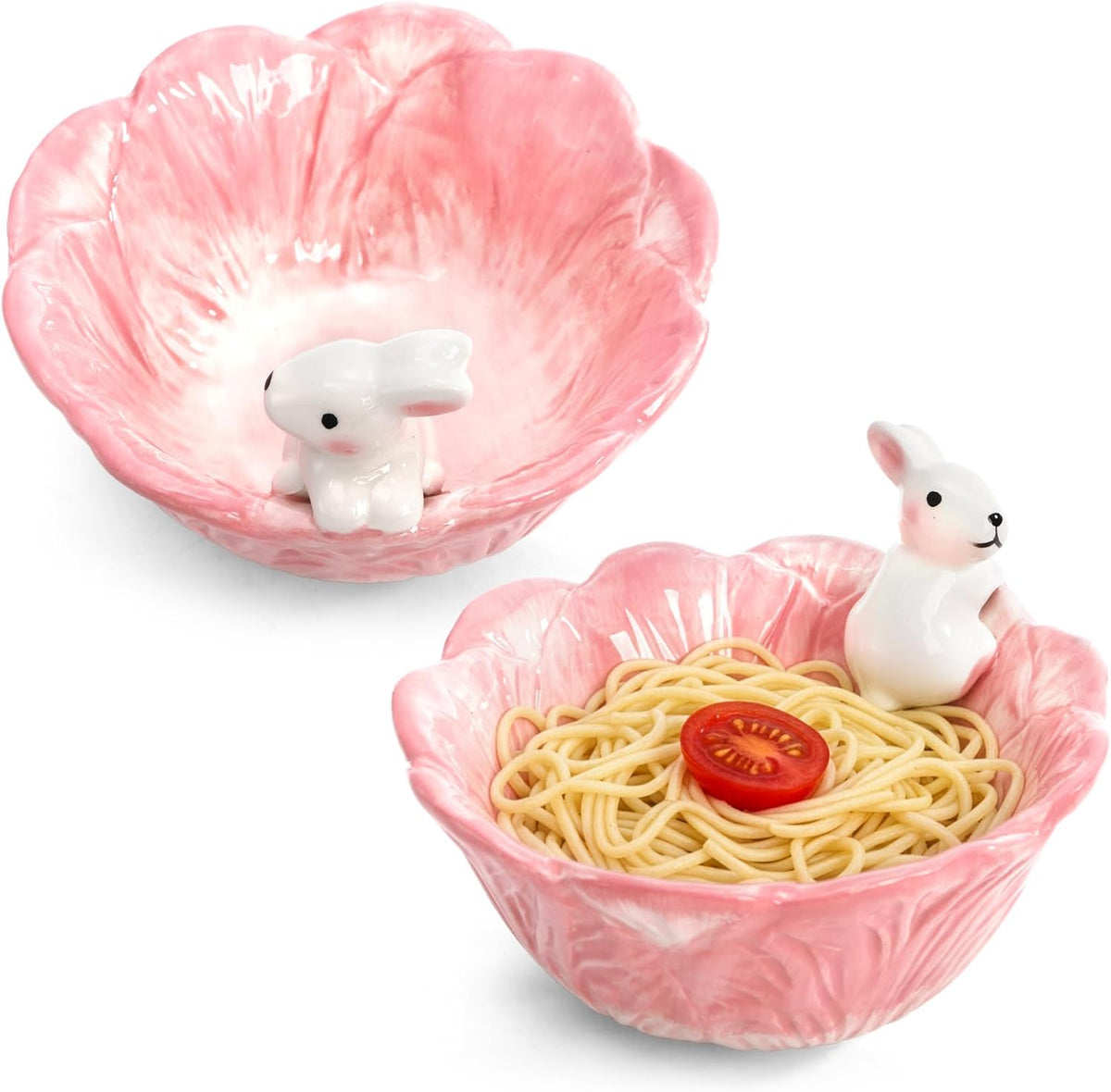 Foraineam 2 Pieces Cute Ceramic Candy Bowl Pink Easter Bowls, 14 oz Ceramic Tableware Rice Soup Dessert Salad Bowls, 5.9 Inch Hand-Painted Bunny Candy Dish with Cabbage Rabbit Shaped Design