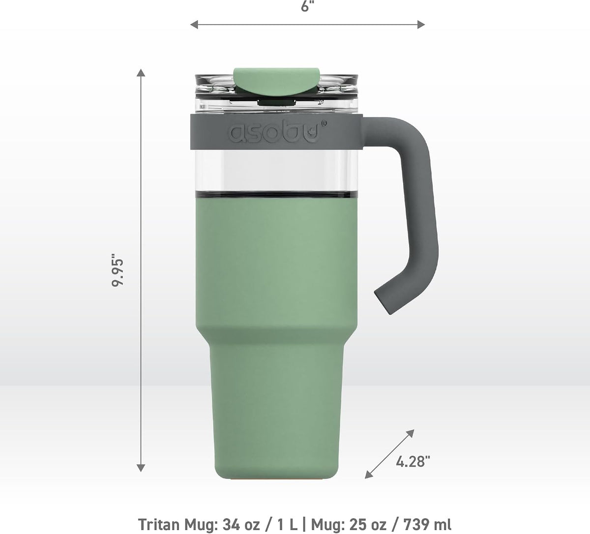 asobu Extra Large Travel Explorer Tumbler for Hot and Cold with Stainless Steel Removable Coffee Mug Sleeve - Straw and Flip Open Sip Spout, 34 oz / 25 oz (Basil Green)