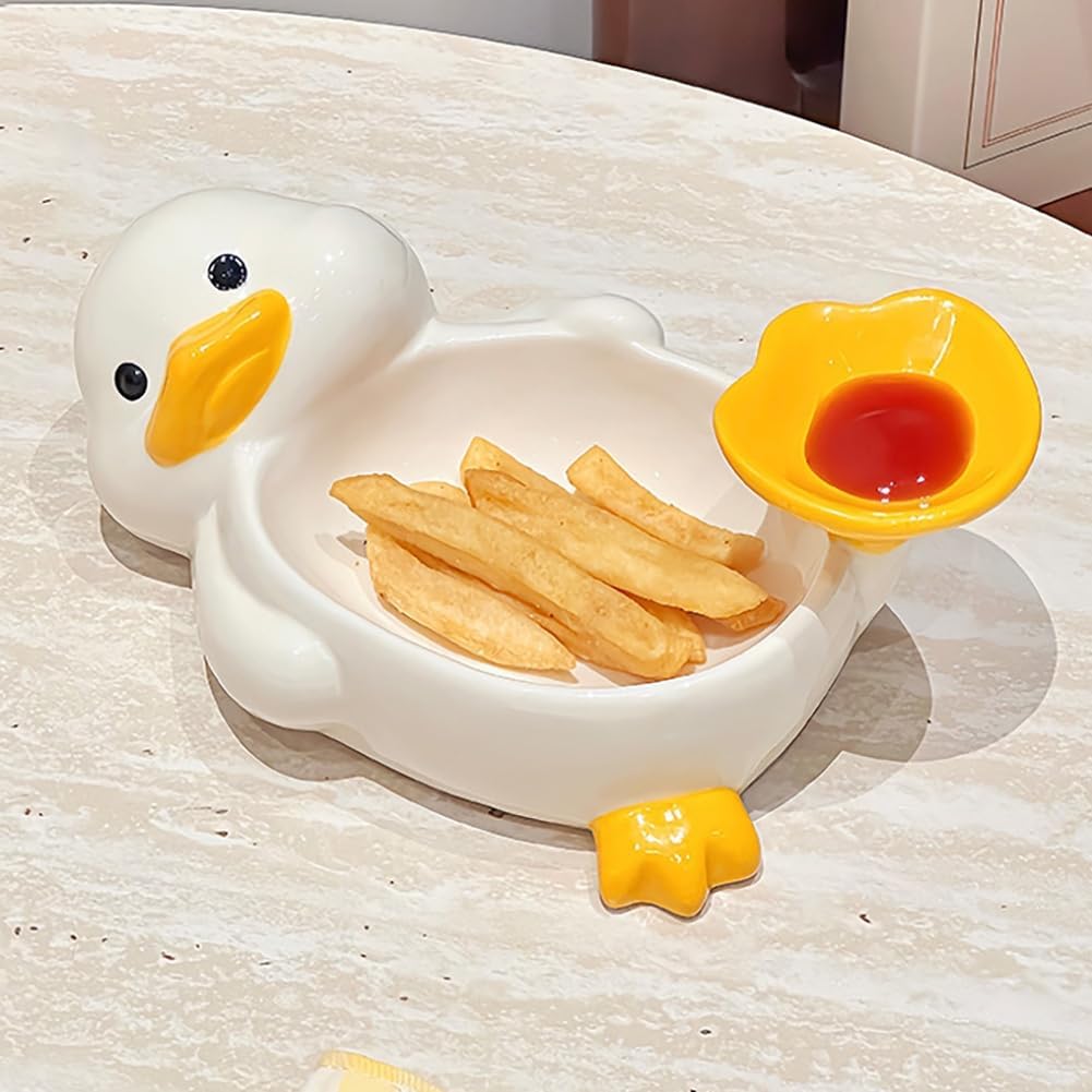 SEAHOME Cute Ceramic Duck Bowl with Dipping Sauce Holder Goose Decor