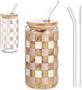 Hushee Checkered Tumbler 16 oz Checkerboard Glass Water Bottle Ice Coffee Cup with Lids and Straw Cleaning Brush for Birthday Race Car for Women Man Party Drink Decoration (Khaki)