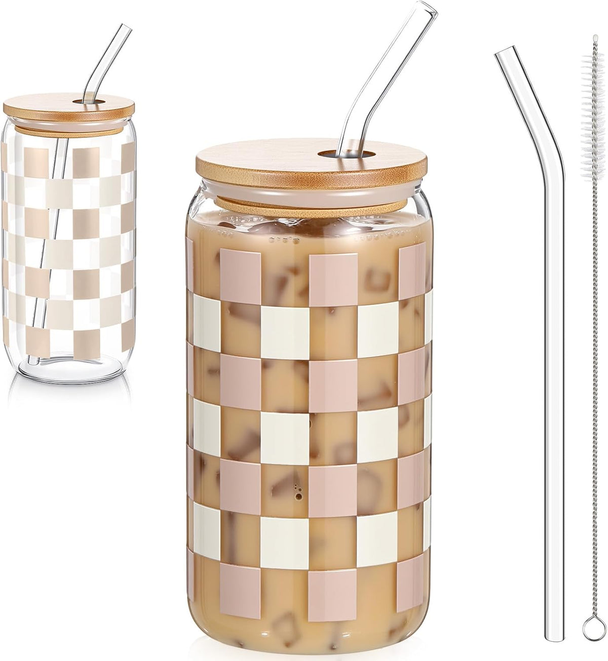 Hushee Checkered Tumbler 16 oz Checkerboard Glass Water Bottle Ice Coffee Cup with Lids and Straw Cleaning Brush for Birthday Race Car for Women Man Party Drink Decoration (Khaki)