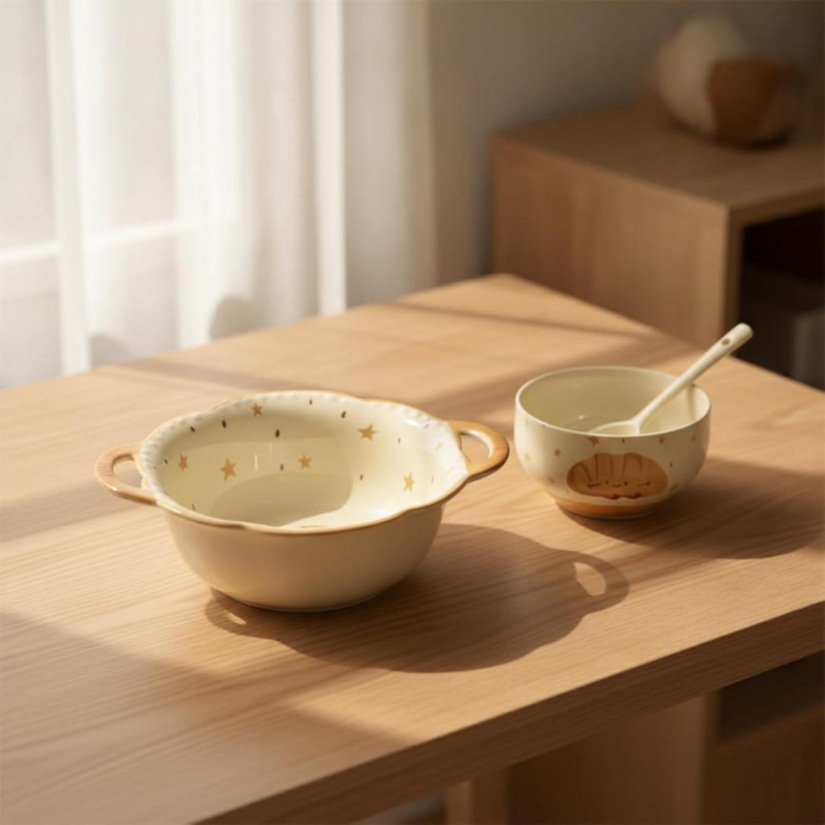 Glazed Ceramic Serving Bowl And Plate With Bakery Themed Smiling Bread Interior For Soup Side Dishes Suitable For Dining, style to 1