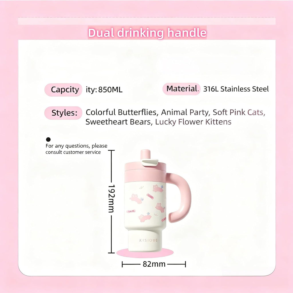 Cartoon Insulated Tumbler with Handle, 850ML Large Capacity, Leak-Proof