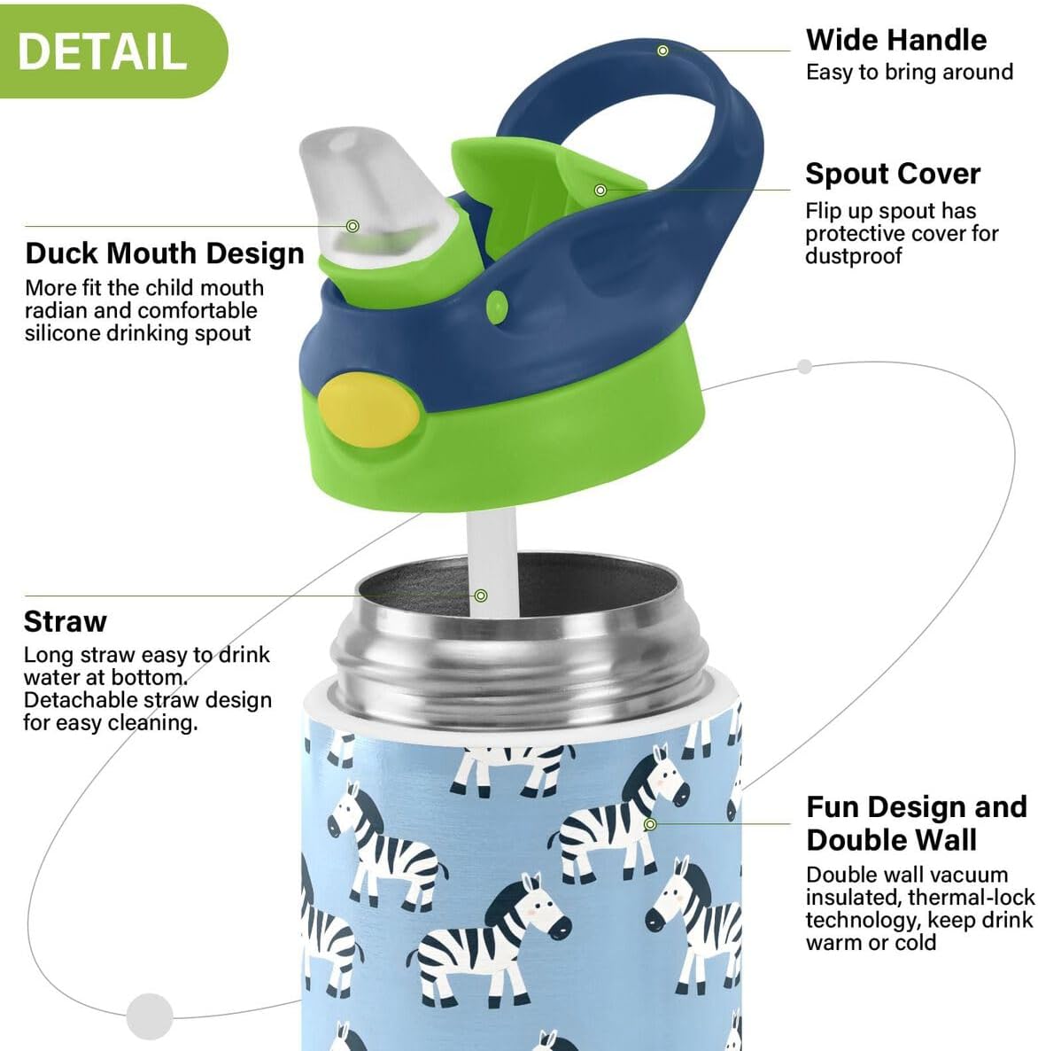 ALAZA Zebra Cartoon Blue Kids Water Bottles Insulated Stainless Steel Tumbler Travel Cup Lids Straw Double Walled Leakproof 12 OZ for Boys Girls