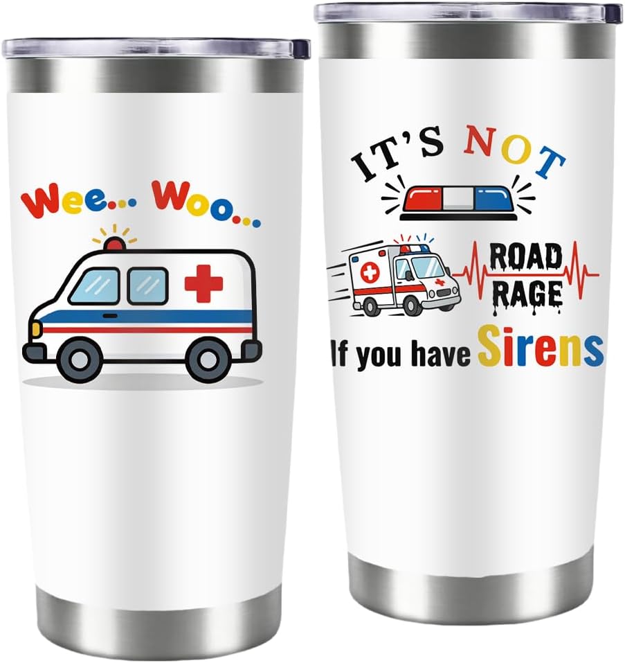 20oz Cartoon Ambulance Tumbler with Straw Funny White Stainless Steel Insulated Travel Mug Leak-proof Keeps Cold or Hot Coffee Tea Water Tumblers Cup Doctor Nurse Gifts for Women Men