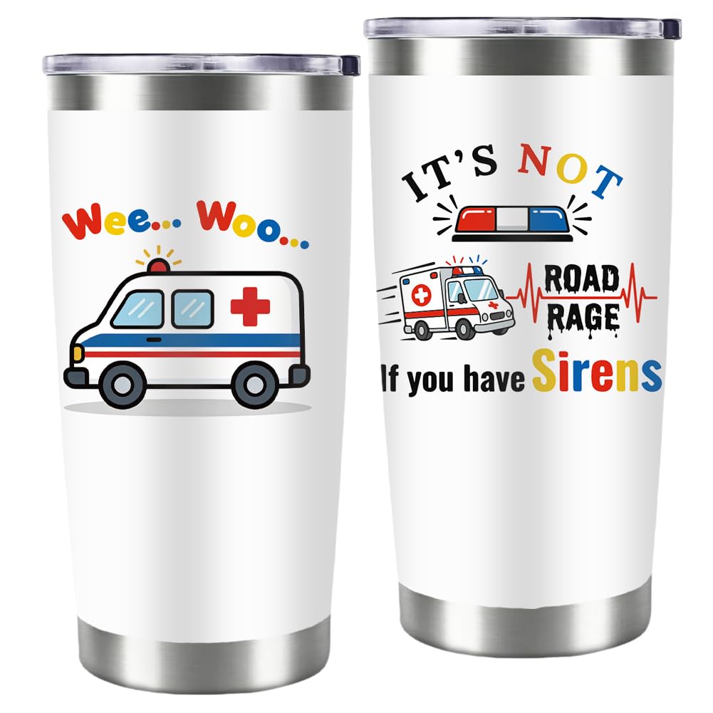 20oz Cartoon Ambulance Tumbler with Straw Funny White Stainless Steel Insulated Travel Mug Leak-proof Keeps Cold or Hot Coffee Tea Water Tumblers Cup Doctor Nurse Gifts for Women Men