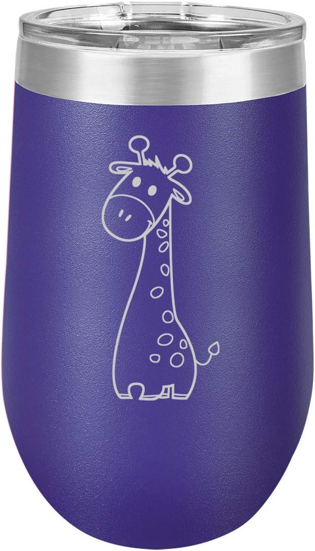 16 oz Double Wall Vacuum Insulated Stainless Steel Stemless Wine Tumbler Glass Coffee Travel Mug With Lid Cute Giraffe Cartoon (Purple)