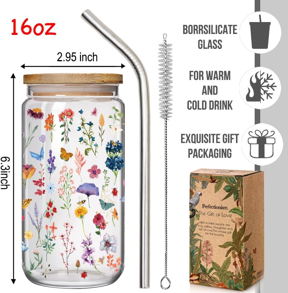 Aesthetic Floral 16oz Glass Cups with Bamboo Lids and Straws Wildflower Gift for Women, Cute Flower Drinking Glass with Cleaning Brushes, Christmas Flower Gifts for Mother Birthday Bridesmaid Party