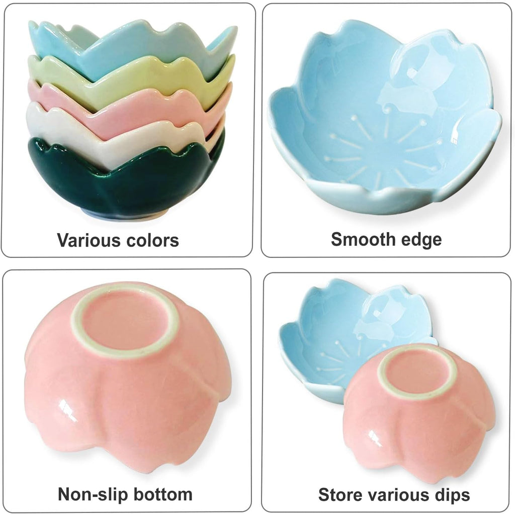 WHJY Pink Cherry Blossom Dish Set, Cute Pink Ceramic Plates, Sauce/Seasoning Dish, Sushi Dishes, Soy Dipping Bowl, Dessert, Appetizer Plates, Serving Dish for Kitchen Home – Set of 5