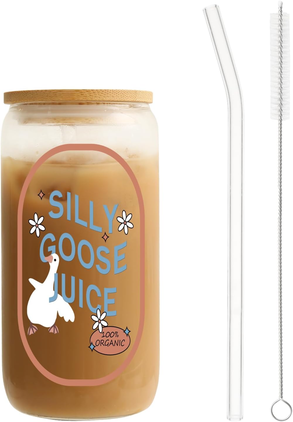 Cute Silly Goose Glass Cup with Lids & Straw 16oz, Ice Coffee Drink Tumbler