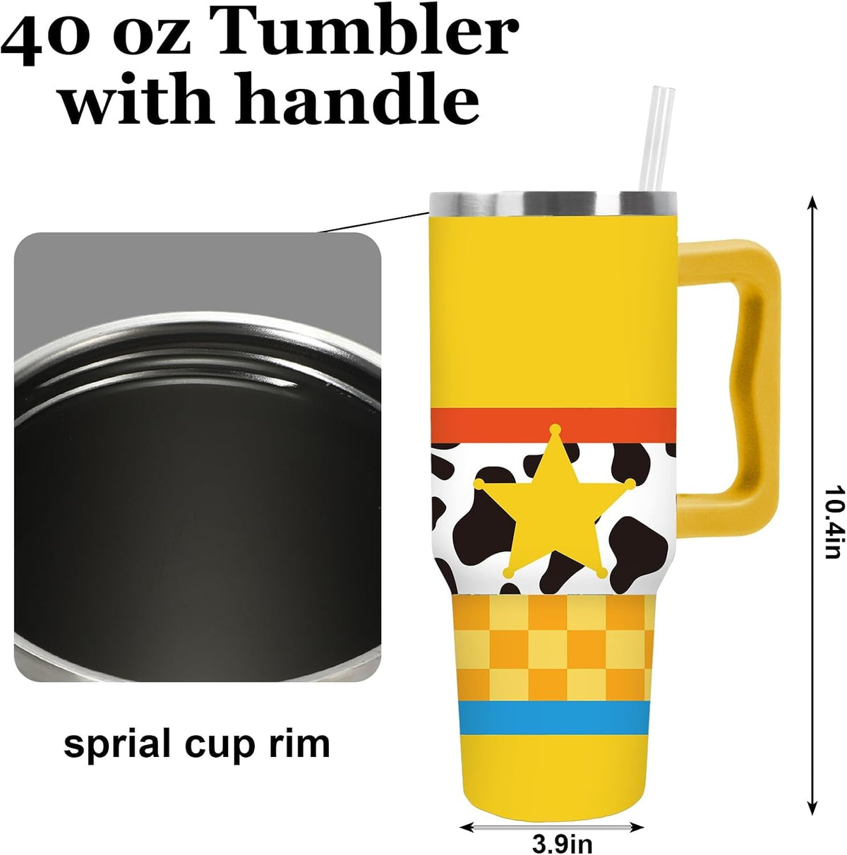 FYSUIMU Cartoon Story Tumbler with Handle Toy Theme Stainless Steel Cup 40oz Yellow Plaid Star Cow Print Insulated Travel Mug with Lid Straw for Car Office Home Use
