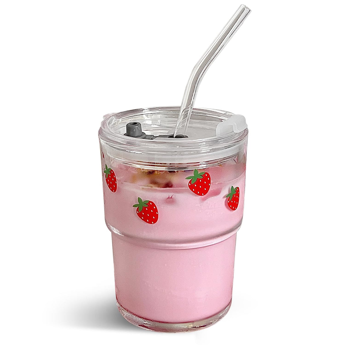 Olvini 13oz Glass Tumbler with Straw and Lid, Reusable Iced Coffee Cup Tumbler, Cute Glass Cups for Water, Matcha, Travel Coffee Mugs (Daisy)
