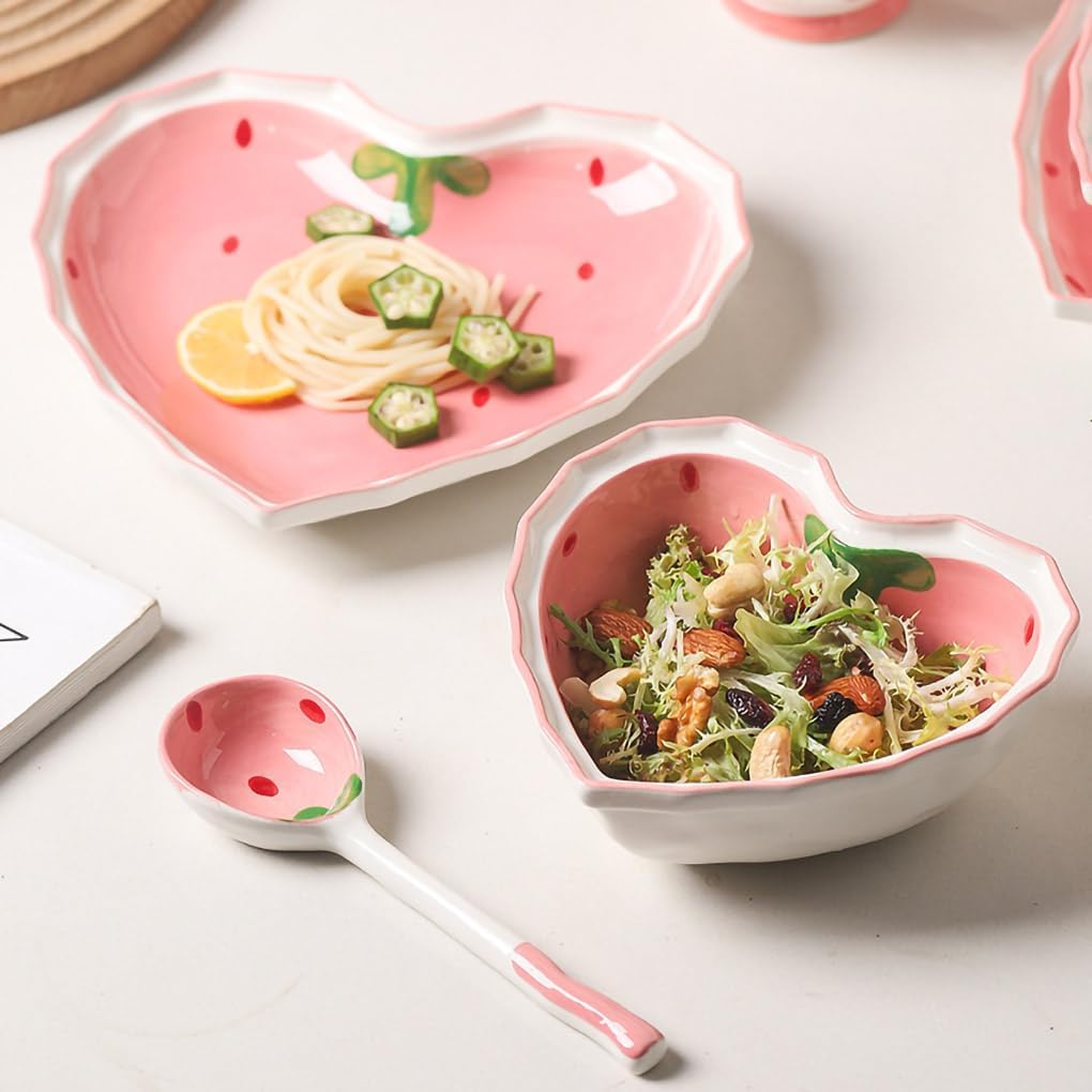WAIT FLY Heart Shape Ceramic Dinnerware Set, Cute Strawberry Tableware Set, Dessert Plate, Salad Bowl, Appetizer Snack Mixing Bowl with Spoon - Pink Set