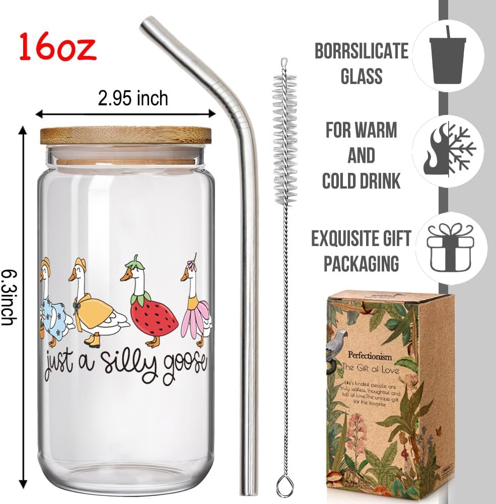 Cute Silly White Goose Glass Cup Christmas Gift for Women Friend Goose Lover, Animal Ice Coffee Glass Cup Soda Boba Cocktail Birthday Gifts for Boyfriend Girlfriend Husband Wife with Lid Straw 16oz