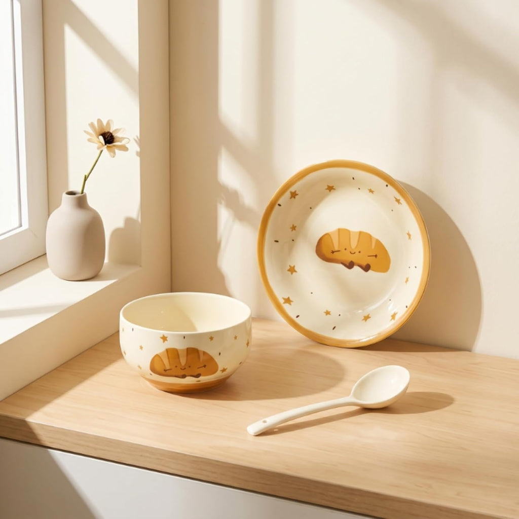 Glazed Ceramic Serving Bowl And Plate With Bakery Themed Smiling Bread Interior For Soup Side Dishes Suitable For Dining, style to 1