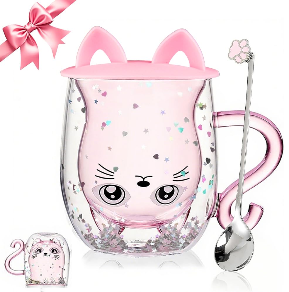 Binoster Bear Cute Mugs Kawaii Double Wall Glass Coffee Tea Mill Yogurt Cup Funny Novelty Gift for Women Her Friends Office Birthday Christmas