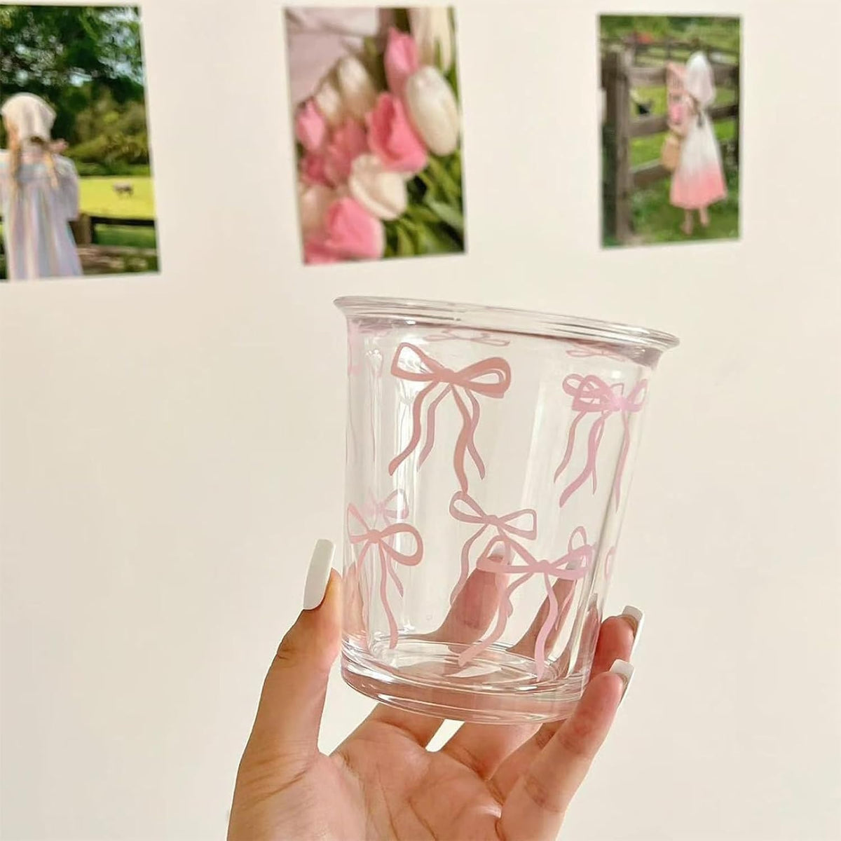 Pink Bow Glass Cups, 14oz Cute Aesthetic Bow Glass Cups for Iced Coffee, Matcha, Milk, Juice,Cocktail, Valentines/Birthday Gift for Women & Teen Girls