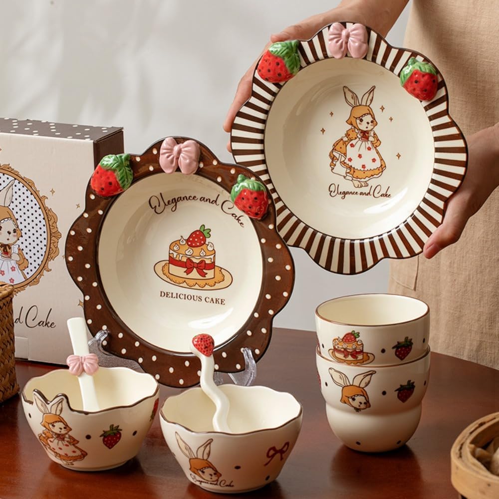 Ceramic Tableware Pasta Plate Bowl and Cup Combination Household Cartoon Cute Set Dinner Snack Breakfast Dessert Bird's Nest Salad Fruit Ice Cream Soup(8.5" Pan-Cake)
