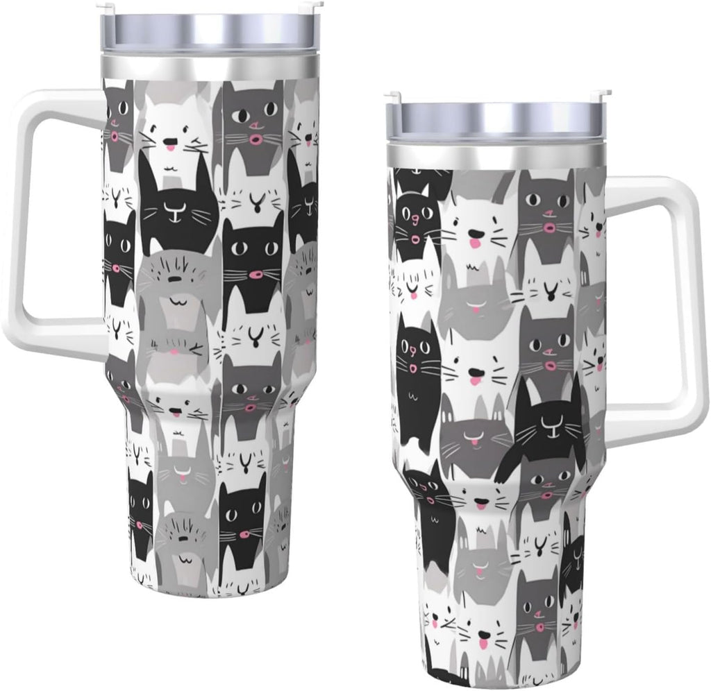 40 OZ Cute Cat Ice Bully Cup with Handle Straw Lid, Double Wall Stainless Steel Tumbler Travel Coffee Cup, Cartoon Insulation and Cooling Mug for Christmas Birthday Present