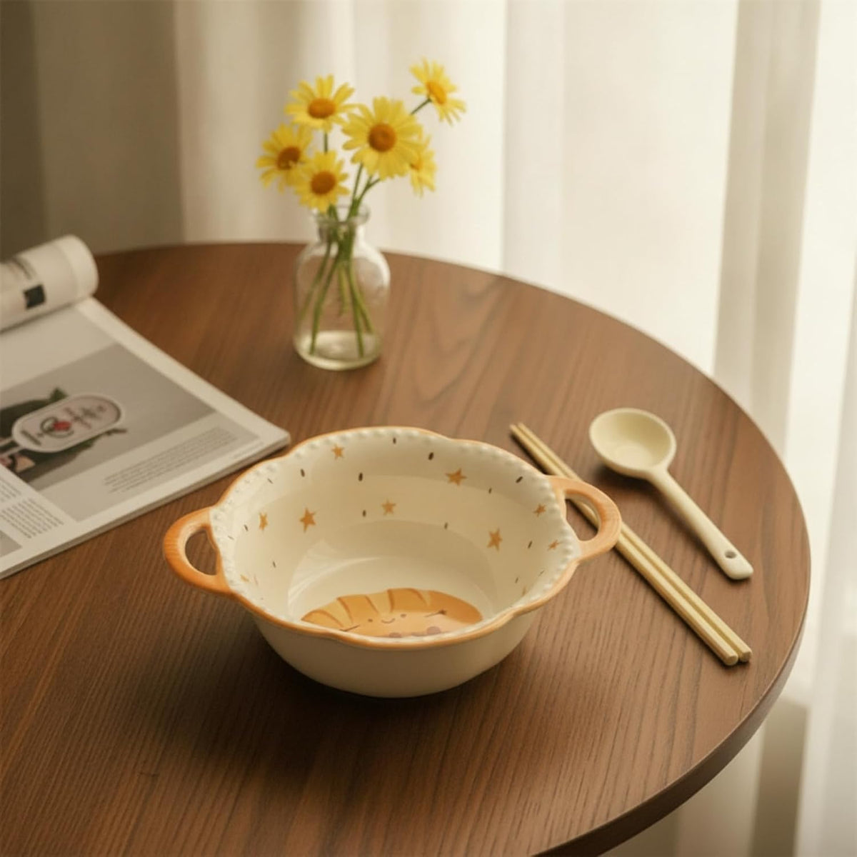 Glazed Ceramic Serving Bowl And Plate With Bakery Themed Smiling Bread Interior For Soup Side Dishes Suitable For Dining, style to 1