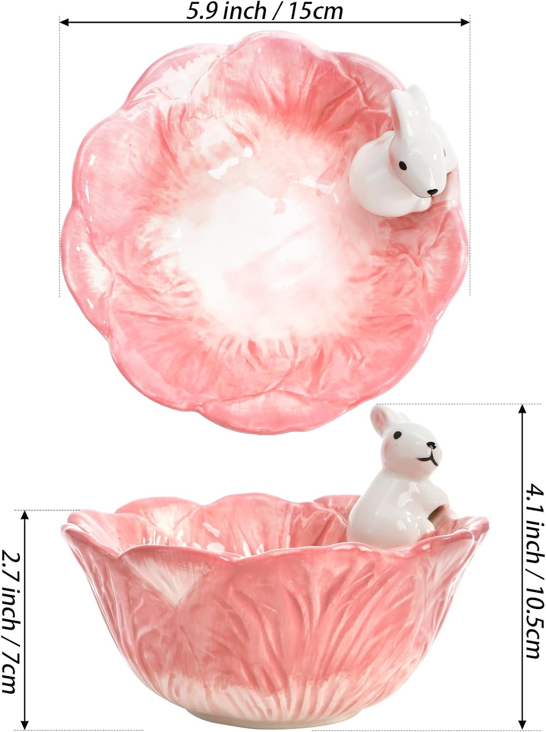 Foraineam 2 Pieces Cute Ceramic Candy Bowl Pink Easter Bowls, 14 oz Ceramic Tableware Rice Soup Dessert Salad Bowls, 5.9 Inch Hand-Painted Bunny Candy Dish with Cabbage Rabbit Shaped Design