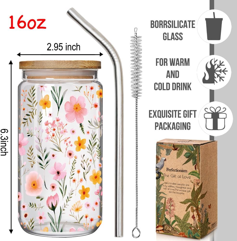 Floral 16oz Iced Glass Cups with Bamboo Lids and Straws Wildflower Coffee Cup Gift for Women Cute Flower Drinking Glass with Cleaning Brushes, Flower Gifts for Mother Birthday Bridesmaid Party