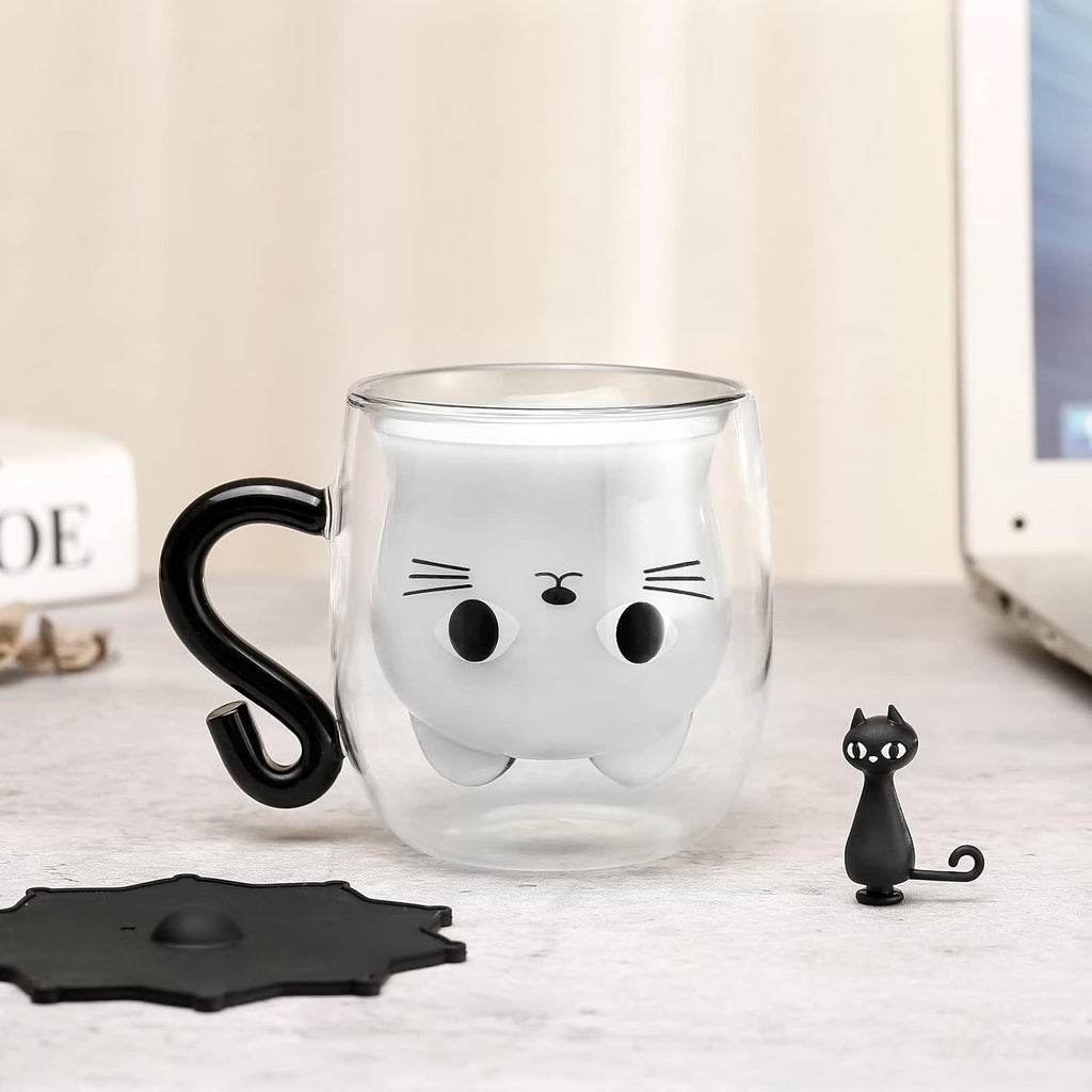 Phitihui Cat Mugs, Double Wall Glass Cute Coffee Tea Cup