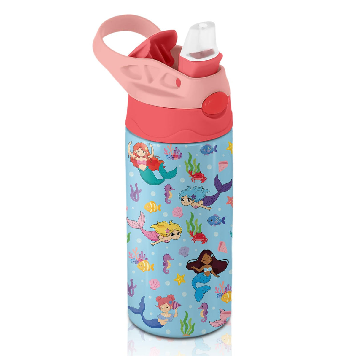 Mermaid Water Bottle for Girls - 12oz Cute Cartoon Kids Water Bottle with Straw, Stainless Steel Tumbler, Insulated, Leak-proof, BPA-free, Pop-up Straw Lid, for School, Children Birthday Gift Cup(1pc)