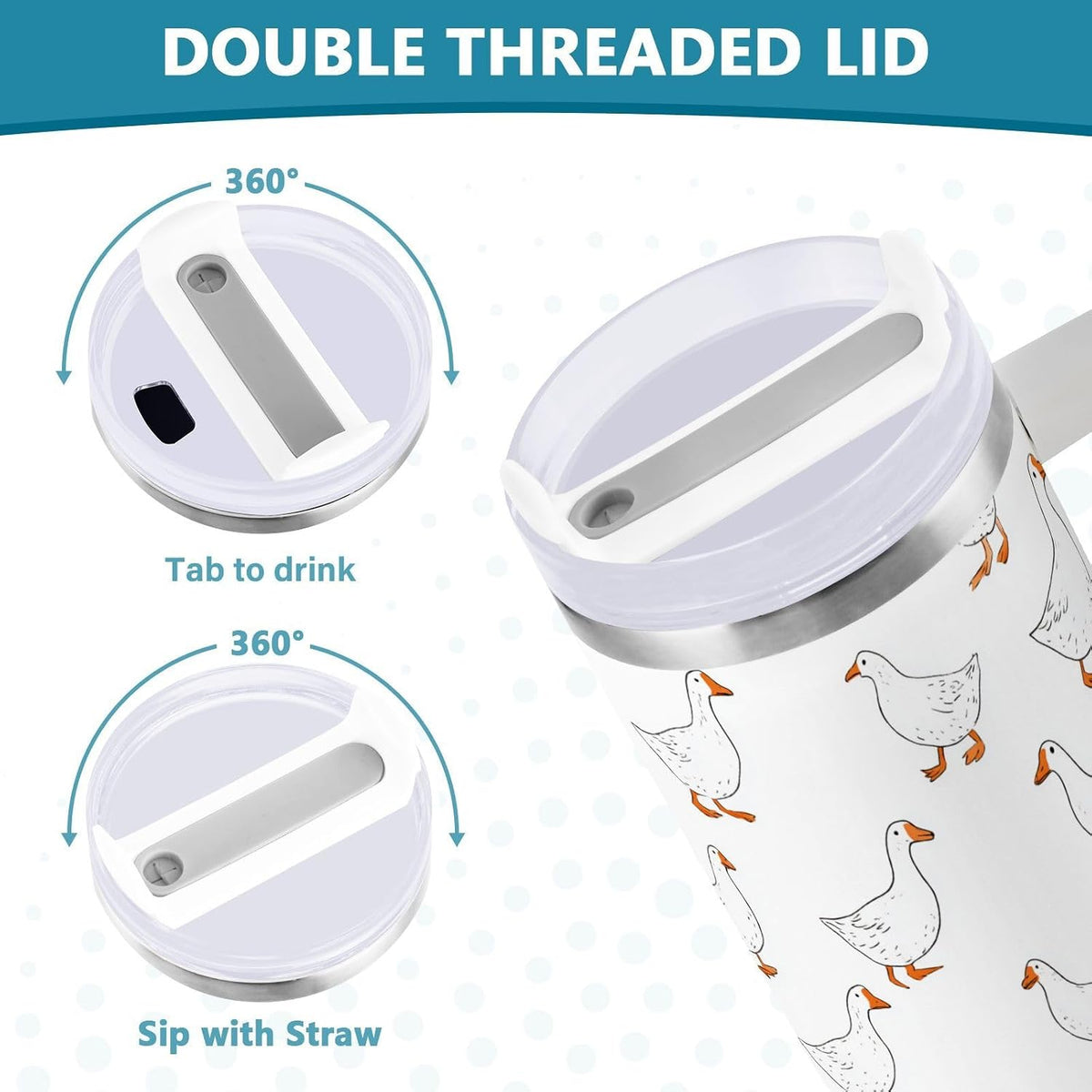 Cartoon Style White Geese Tumbler with Handle and Straw Leak Proof Tumbler 2 in 1 Lid Insulated Water Bottle Tumblers Stainless Steel Cup Large Travel Mug Cups, Gifts for Women Man, 30oz