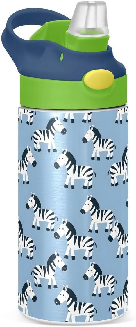 ALAZA Zebra Cartoon Blue Kids Water Bottles Insulated Stainless Steel Tumbler Travel Cup Lids Straw Double Walled Leakproof 12 OZ for Boys Girls