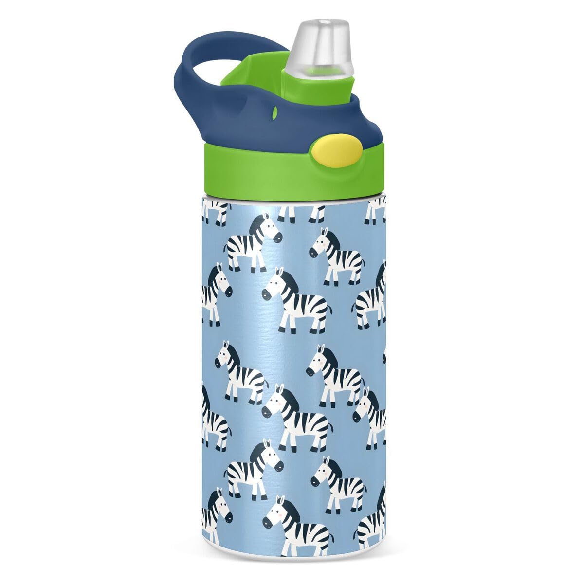 ALAZA Zebra Cartoon Blue Kids Water Bottles Insulated Stainless Steel Tumbler Travel Cup Lids Straw Double Walled Leakproof 12 OZ for Boys Girls