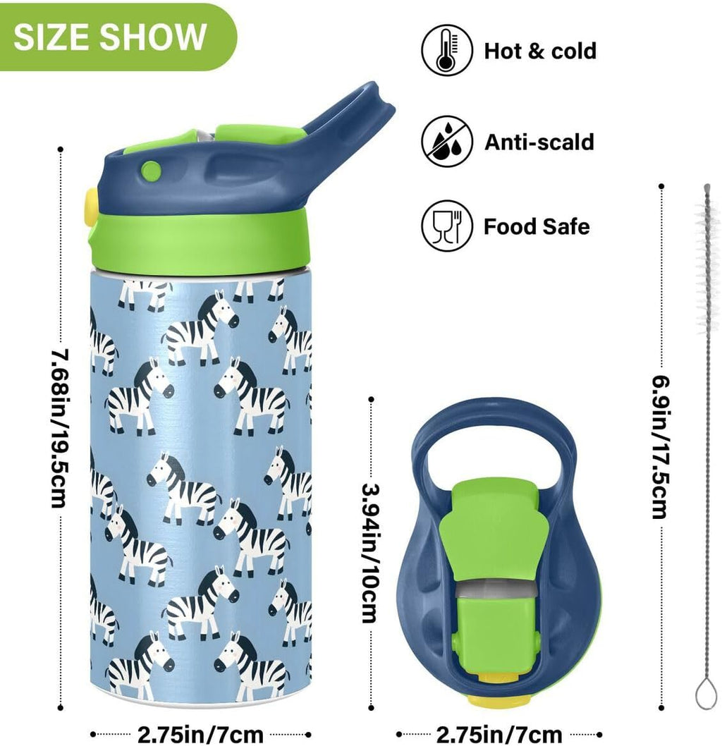 ALAZA Zebra Cartoon Blue Kids Water Bottles Insulated Stainless Steel Tumbler Travel Cup Lids Straw Double Walled Leakproof 12 OZ for Boys Girls