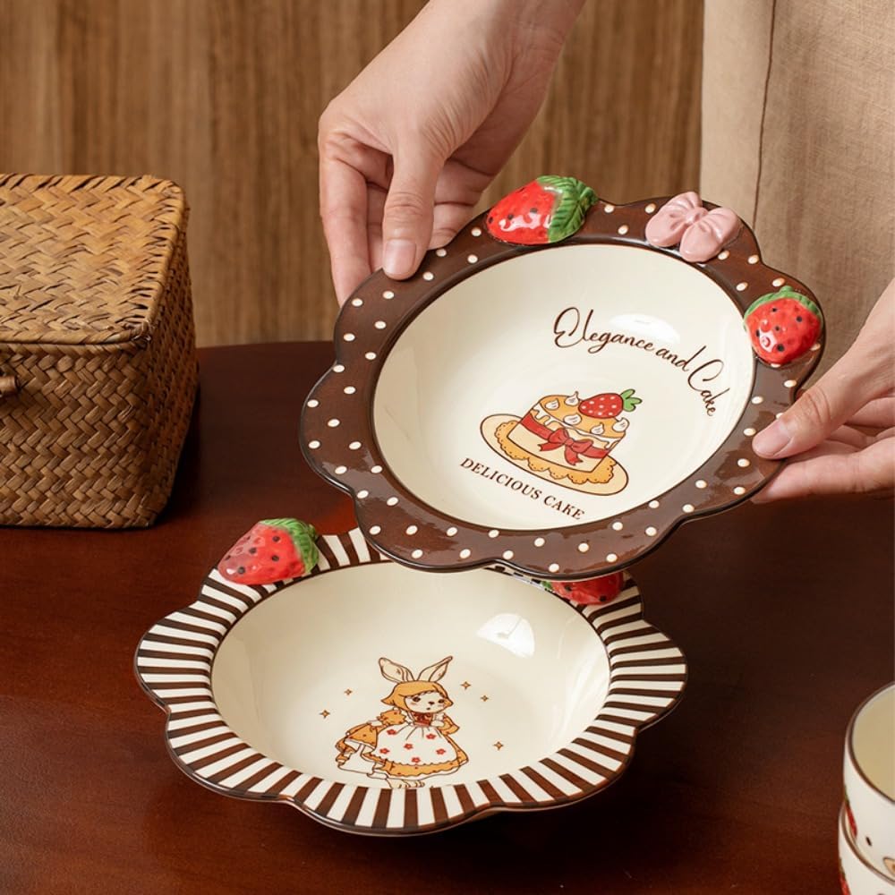 Ceramic Tableware Pasta Plate Bowl and Cup Combination Household Cartoon Cute Set Dinner Snack Breakfast Dessert Bird's Nest Salad Fruit Ice Cream Soup(8.5" Pan-Cake)