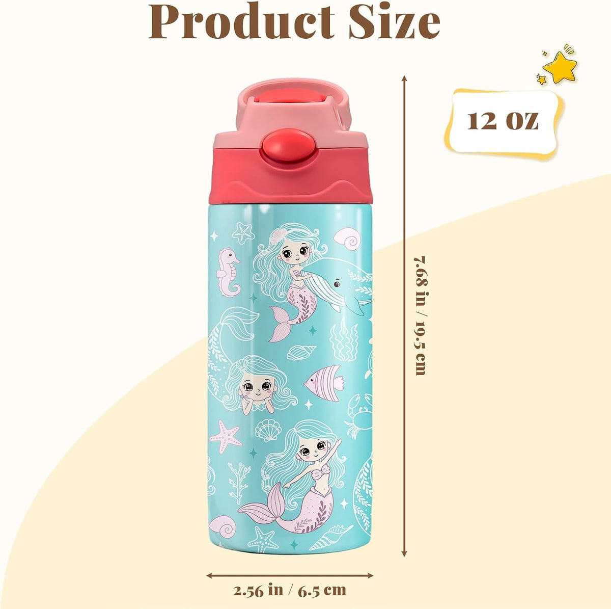 Mermaid Water Bottle for Girls - 12oz Cute Cartoon Kids Water Bottle with Straw, Stainless Steel Tumbler, Insulated, Leak-proof, BPA-free, Pop-up Straw Lid, for School, Children Birthday Gift Cup(1pc)