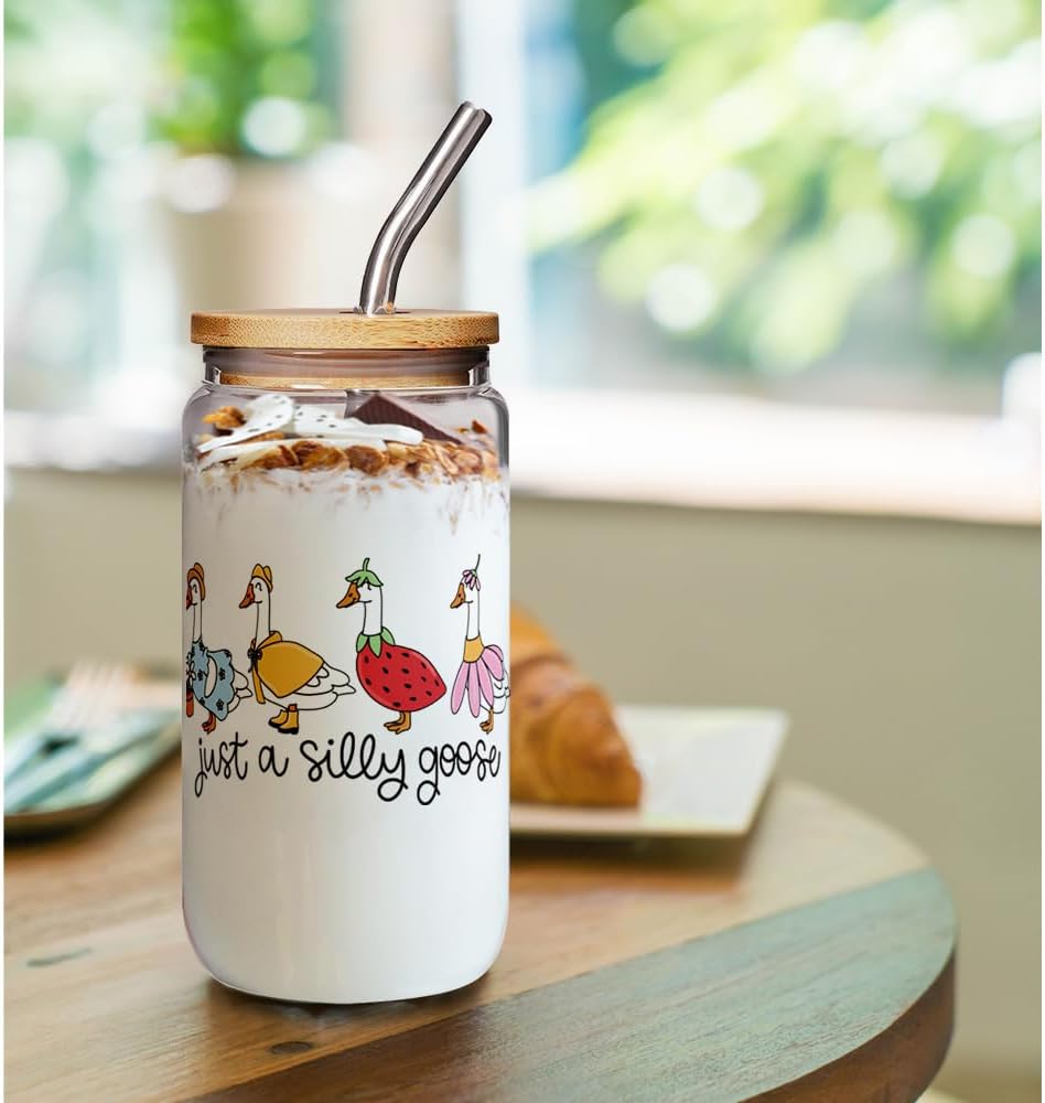 Cute Silly White Goose Glass Cup Christmas Gift for Women Friend Goose Lover, Animal Ice Coffee Glass Cup Soda Boba Cocktail Birthday Gifts for Boyfriend Girlfriend Husband Wife with Lid Straw 16oz