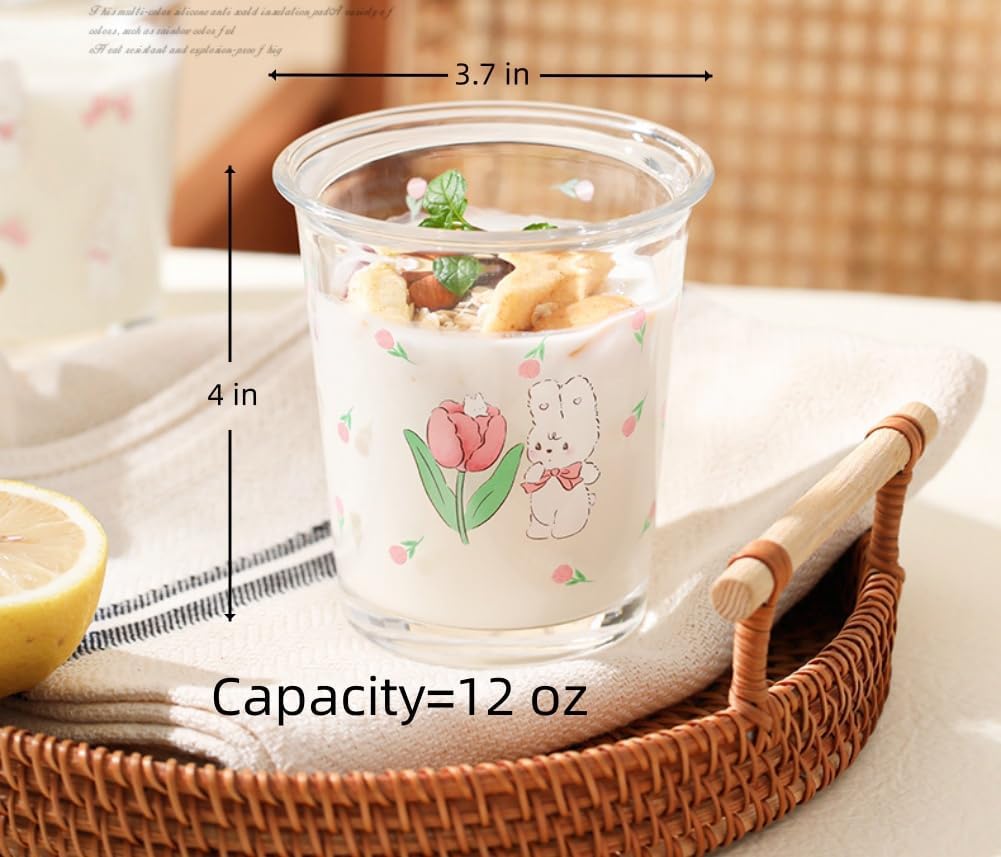 2 Pack 12 OZ Cute Floral Glass Cup Rabbit Drinking Glasses