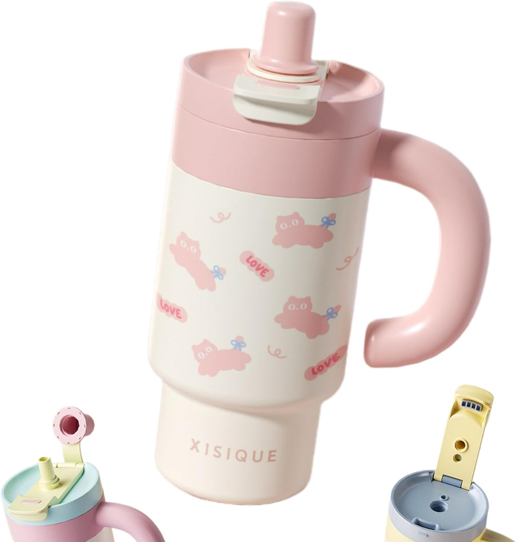 Cartoon Insulated Tumbler with Handle, 850ML Large Capacity, Leak-Proof