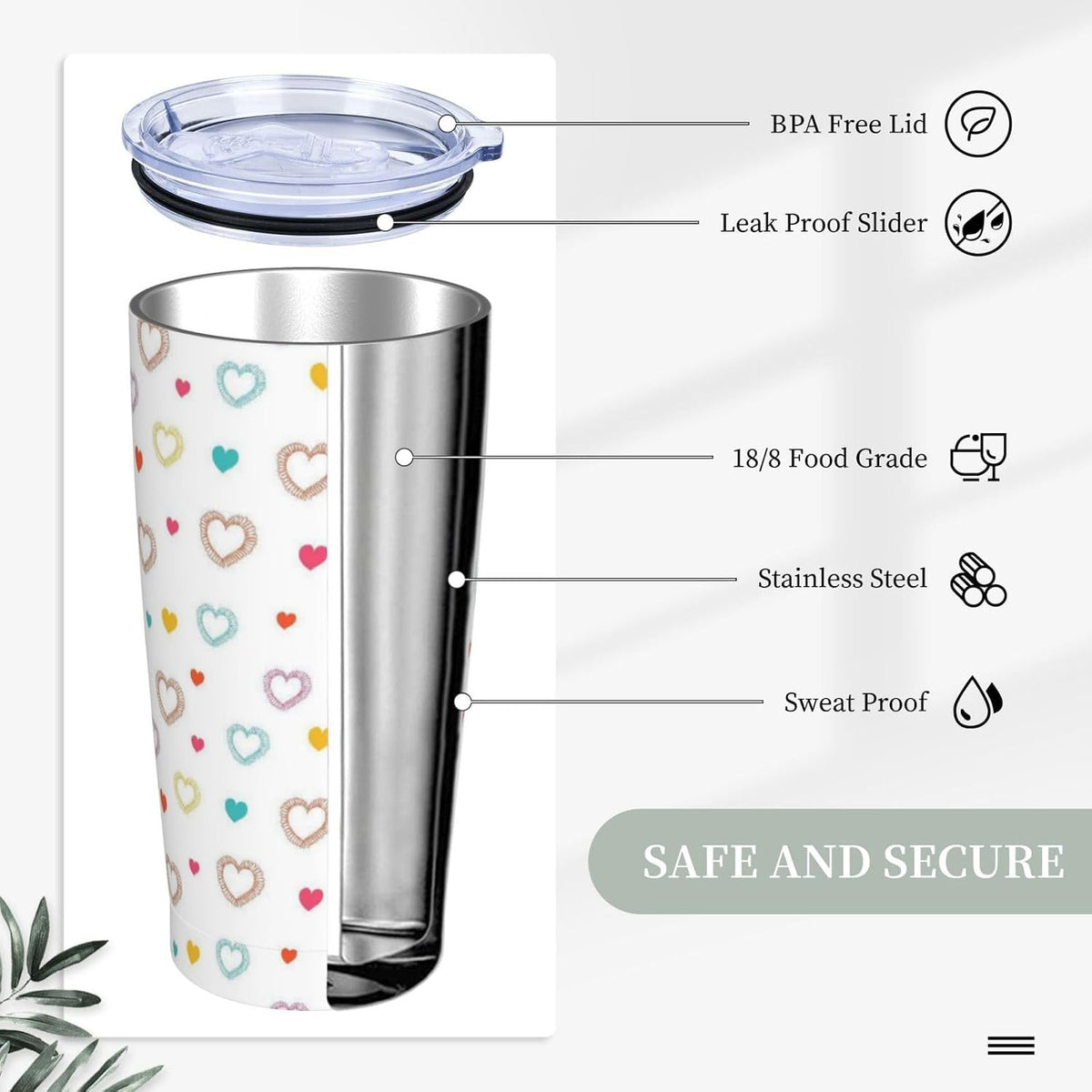 Heart 20oz Tumbler with Lid and Straw for Women, Abstract Cartoon Geometric Line Hearts Design Insulated Mug Colorful Hearts Stainless Steel Tumbler Double Wall Vacuum Travel Mug Coffee Cup