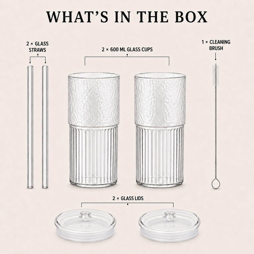 Luiaiog 20 oz Glass Cups with Lids and Straws, Ribbed, 2 Pack
