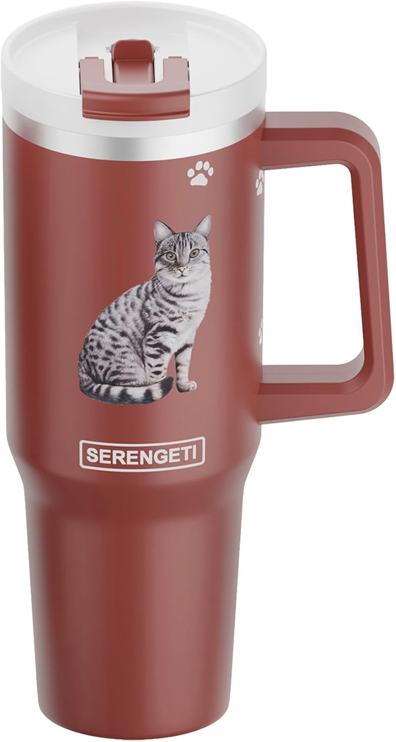 SERENGETI 40oz Ultimate Tumbler with Handle and Straw - Vacuum Insulated Tumbler with Straw and Lid - Stainless Steel Travel Mug for Pet Lovers - 3D Designs of your favorite Cat (Silver Tabby)