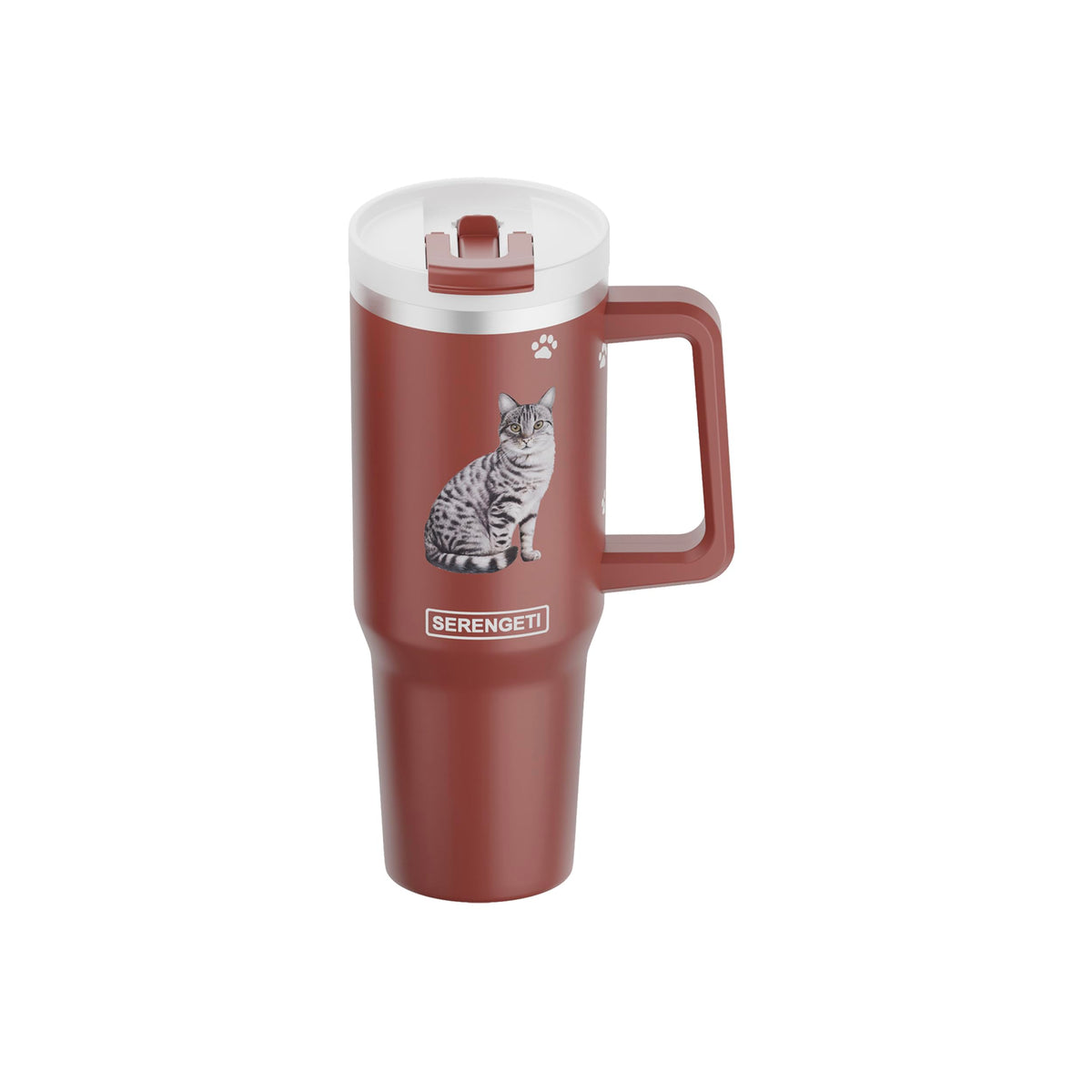 SERENGETI 40oz Ultimate Tumbler with Handle and Straw - Vacuum Insulated Tumbler with Straw and Lid - Stainless Steel Travel Mug for Pet Lovers - 3D Designs of your favorite Cat (Silver Tabby)