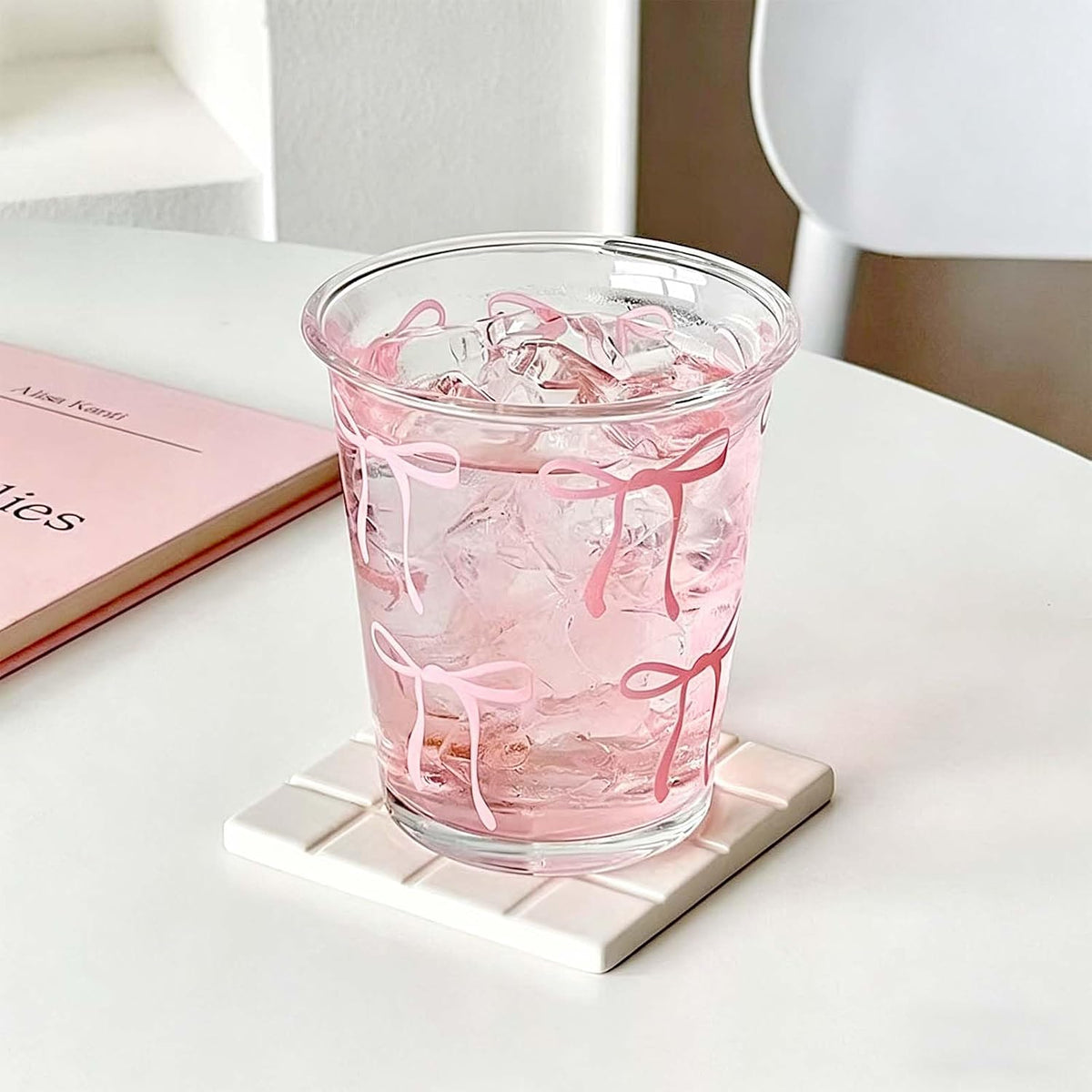 Pink Bow Glass Cups, 14oz Cute Aesthetic Bow Glass Cups for Iced Coffee, Matcha, Milk, Juice,Cocktail, Valentines/Birthday Gift for Women & Teen Girls